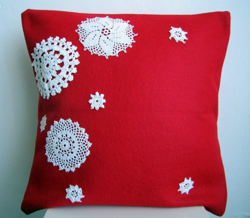 Let it Snow: eco friendly pillow cover in red eco felt and vintage crochet