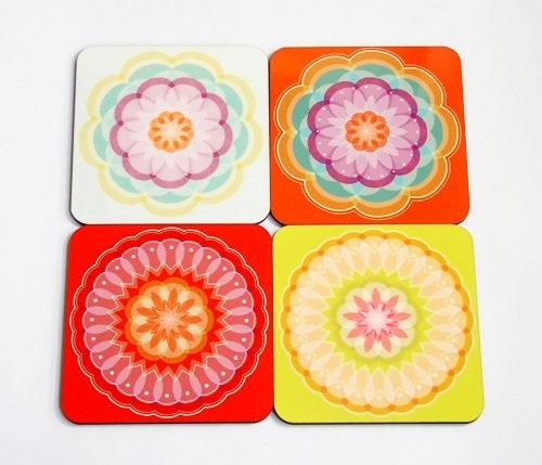 Set of 4 retro designed coasters printed various colorful  mandala designs