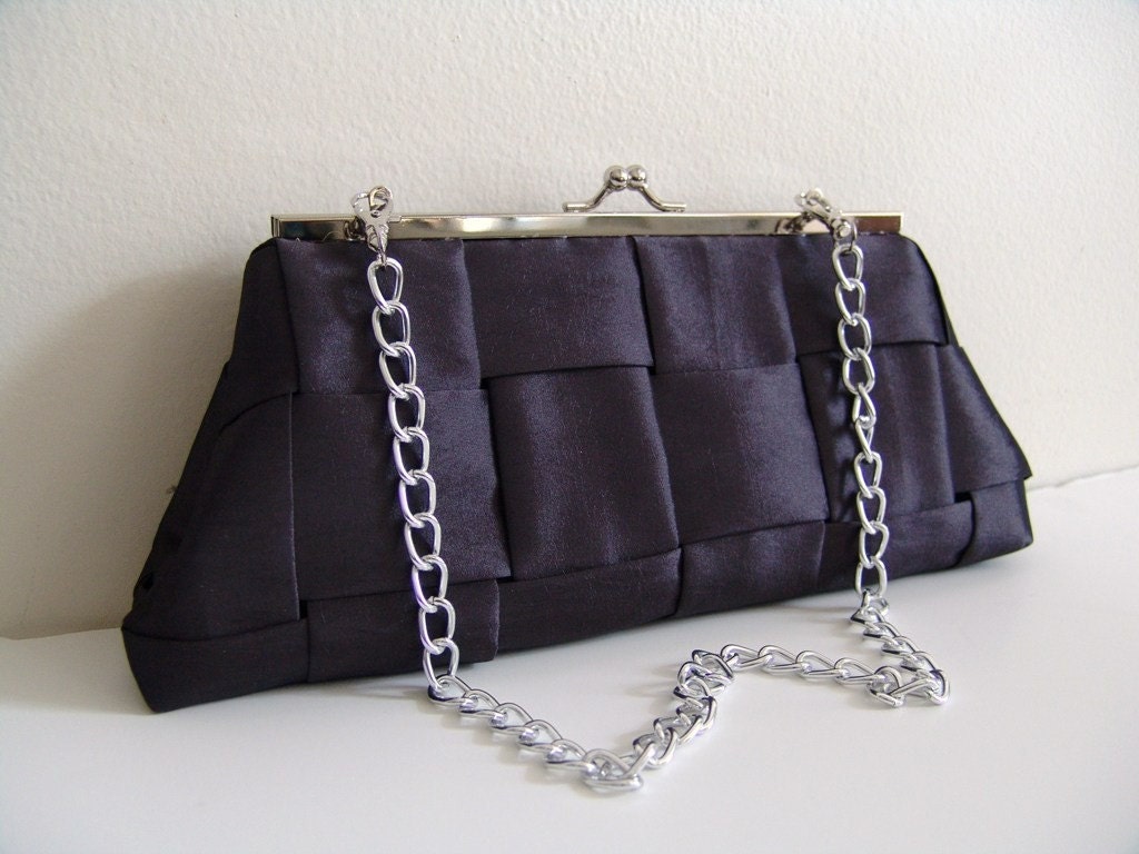 Handmade Framed Clutch Handbag with chain. Gunmetal gray weave