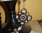 ON SALE Black Pearls and Love Chain Blue Pendant