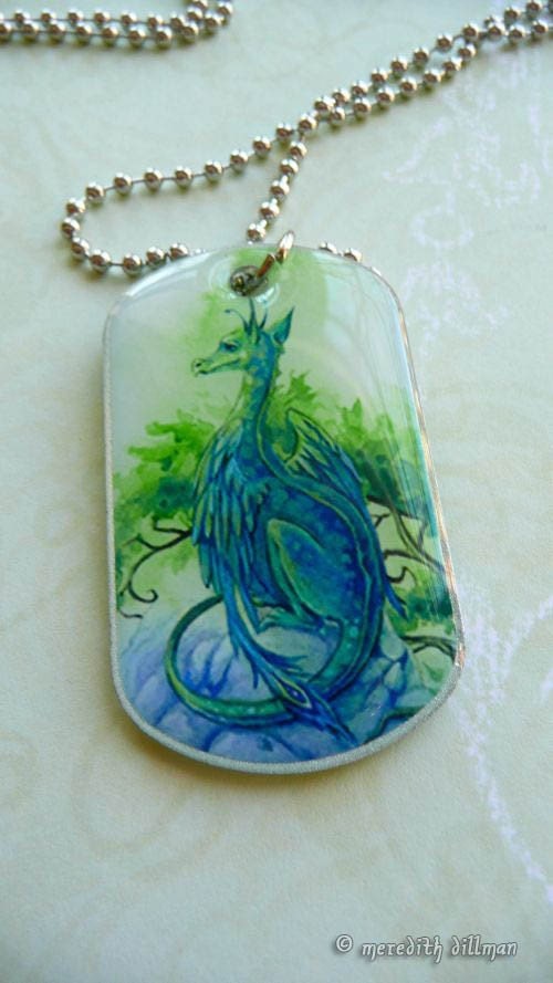 fantasy jewelry Emerald Dragon dog tag id art necklace - double sided