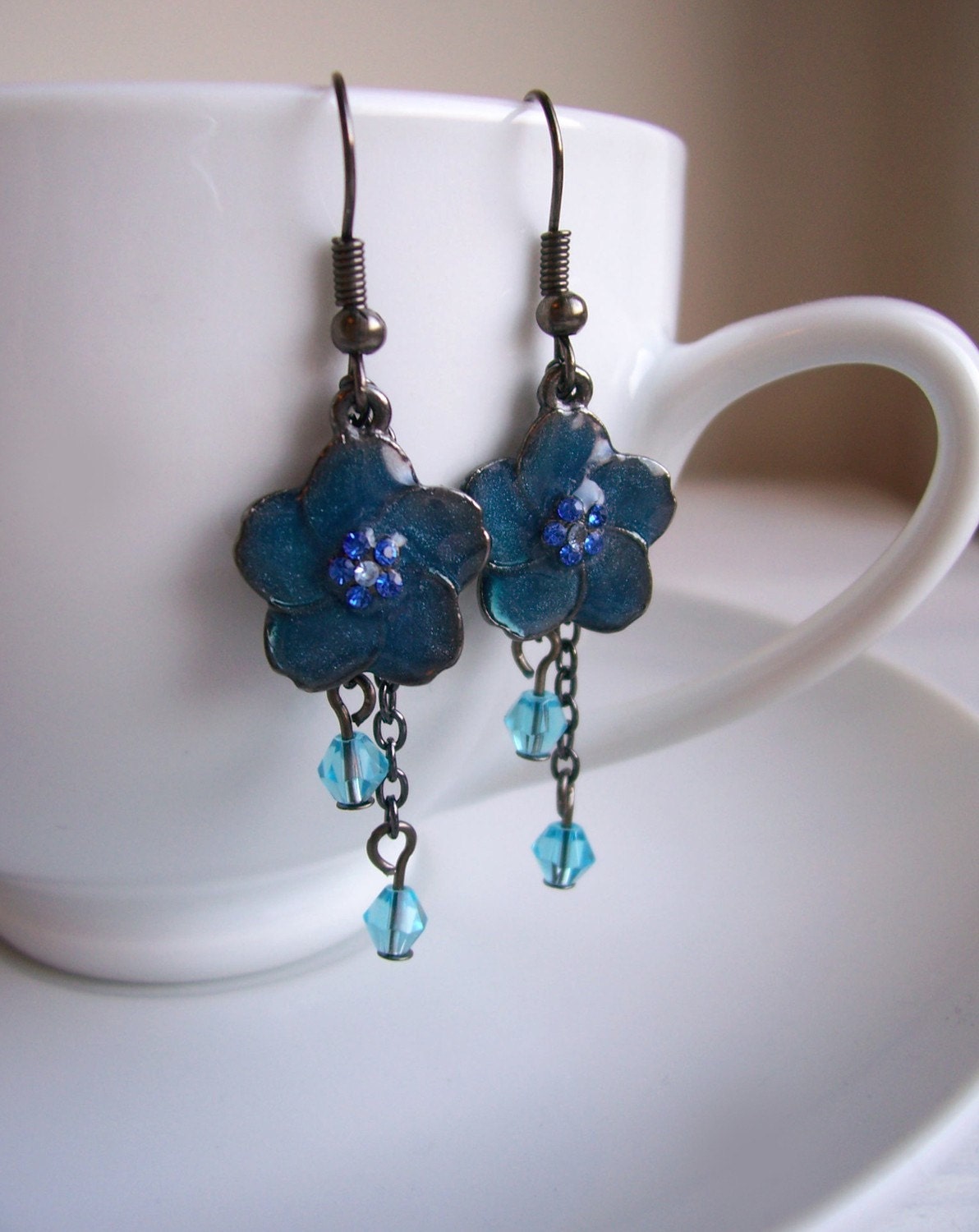 Blue Blossoms earrings - blue enammeled flowers with blue Swarovski crystals - handmade