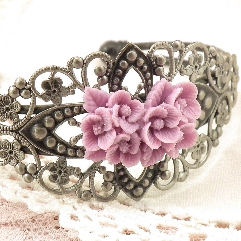 Bracelet Pink Flower  Victorian Style Antiqued Silver Flower Cuff