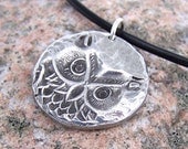 Owl Necklace, round pendant with hammered texture