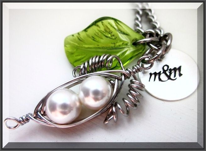 Peas in a Pod PeaPod Wire Wrapped with Stainless Steel, Hand Stamped Sterling Silver Tag, for Couples, Mothers, Grandmothers, Sisters, Best friends