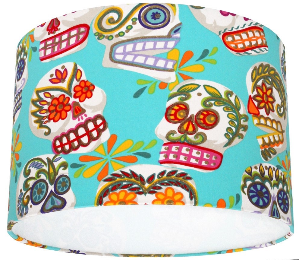 Day of the Dead Fabric Lampshade Turquoise Skulls 12"