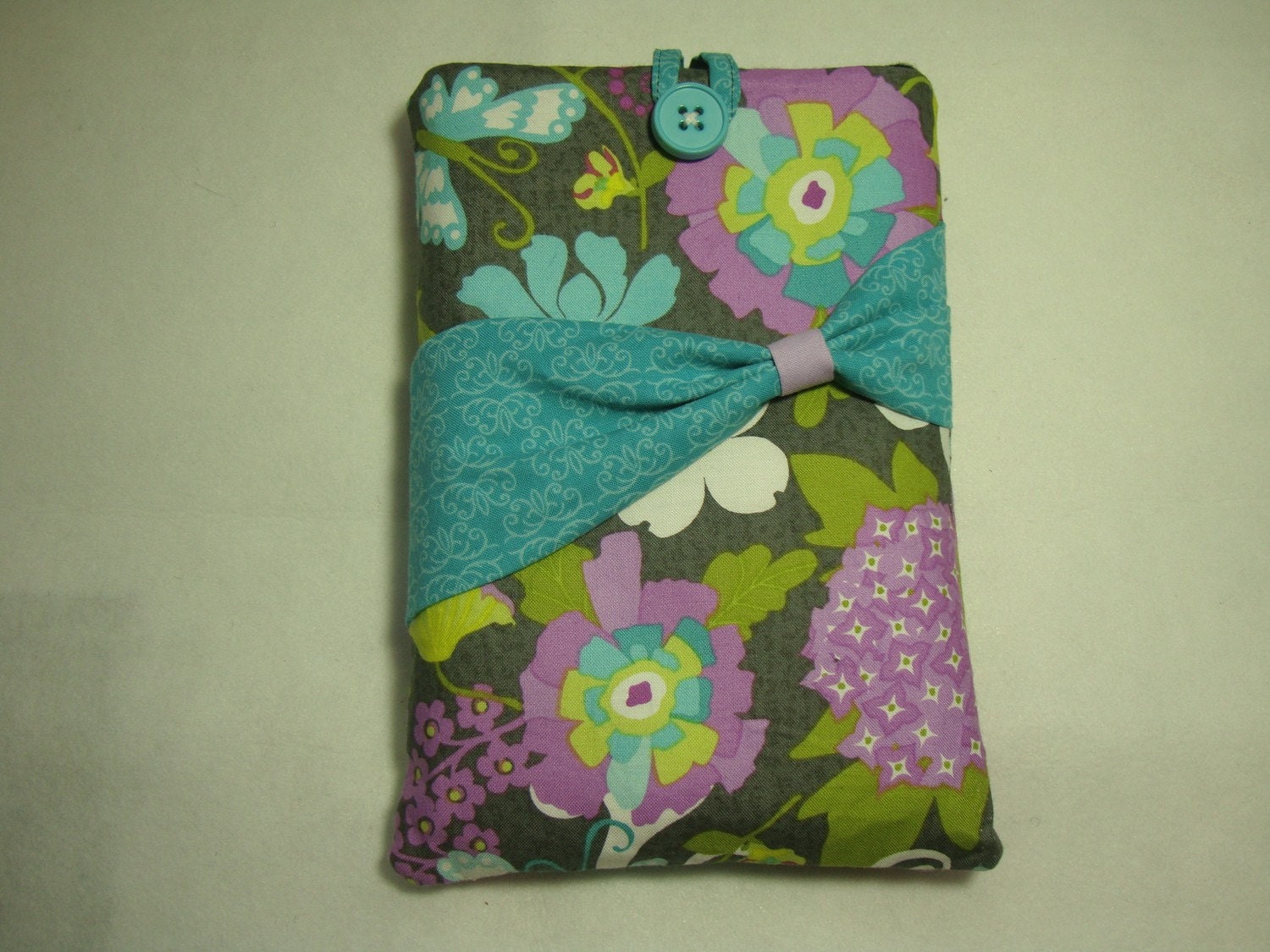 Padded Kindle Sleeve, Spring Floral Print, Lavender, Purple, Grey and Aqua