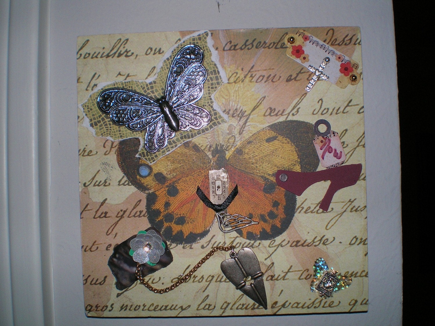 She Dreams of Flight 1 - Part 1 in my 4-part series of OOAK Altered Art Collage Mixed Media Plaques with Jewelry Butterflies Dragonflies and Paper Flowers
