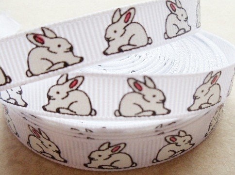 Easter Bunny on white 3/8" grosgrain ribbon