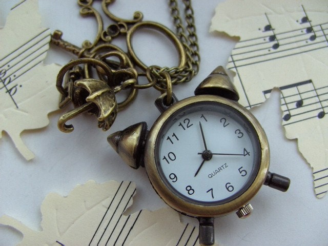 Bronze, alarm clock, pocket watch, charms, scissors, umbrella, key, pendant, necklace by kadootje77 on etsy