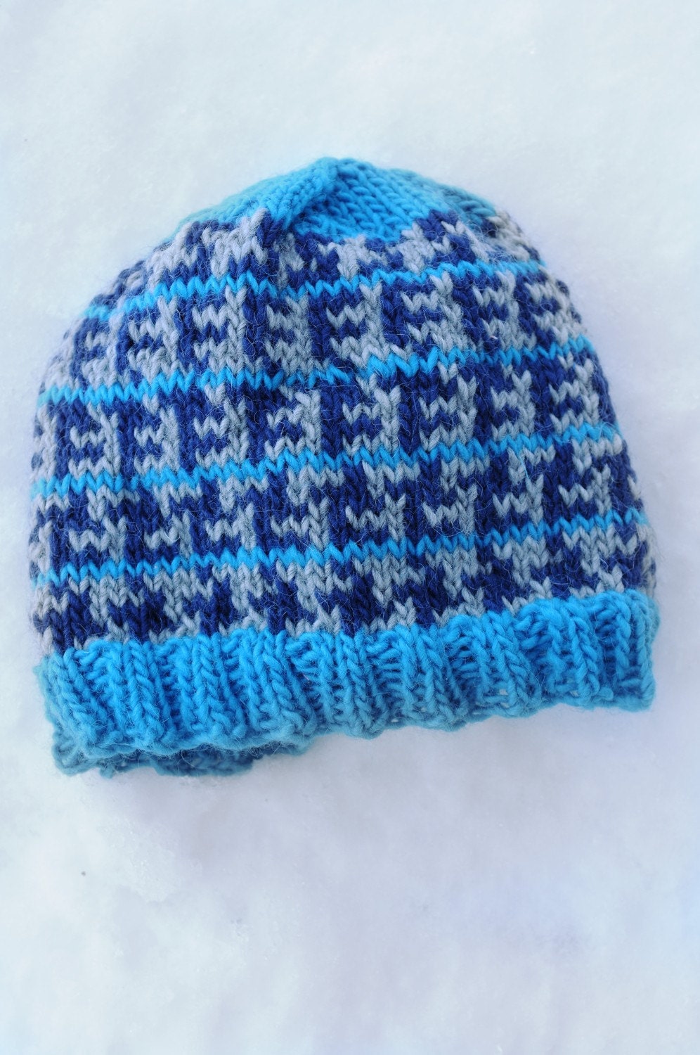 Turquoise Wool Hat with Navy and Gray Broken Houndstooth Pattern