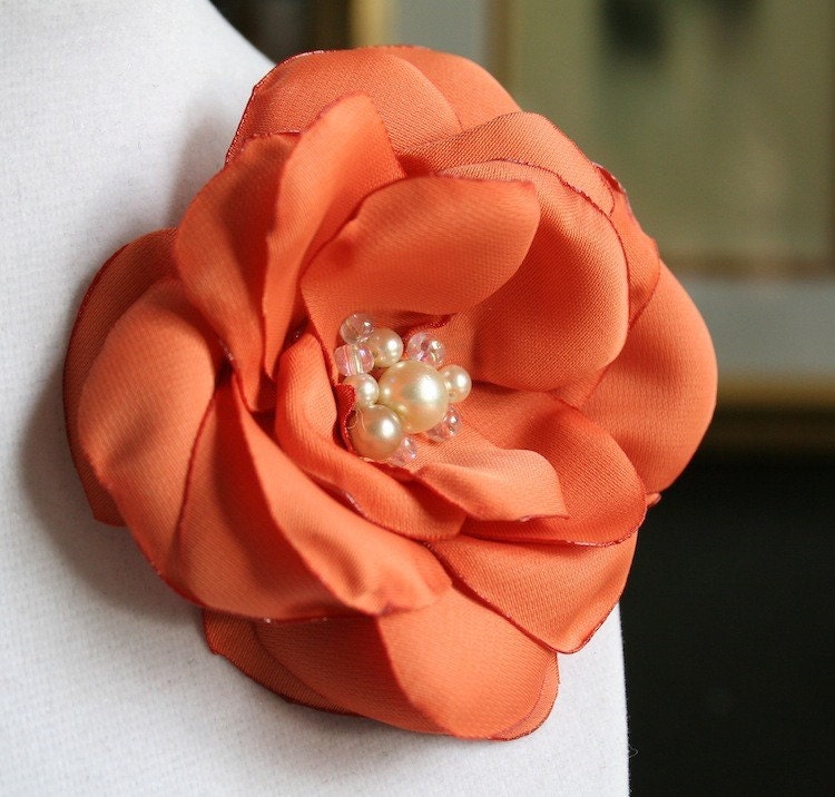 Patricia: Sunset Orange Fabric Flower Hair Pin, Clip, or Brooch