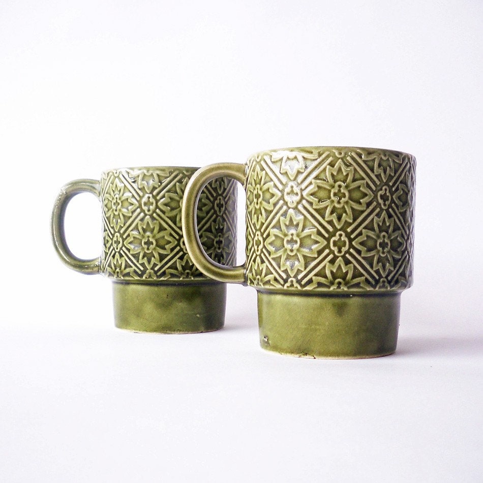 Vintage Green Floral Coffee Mugs from Japan