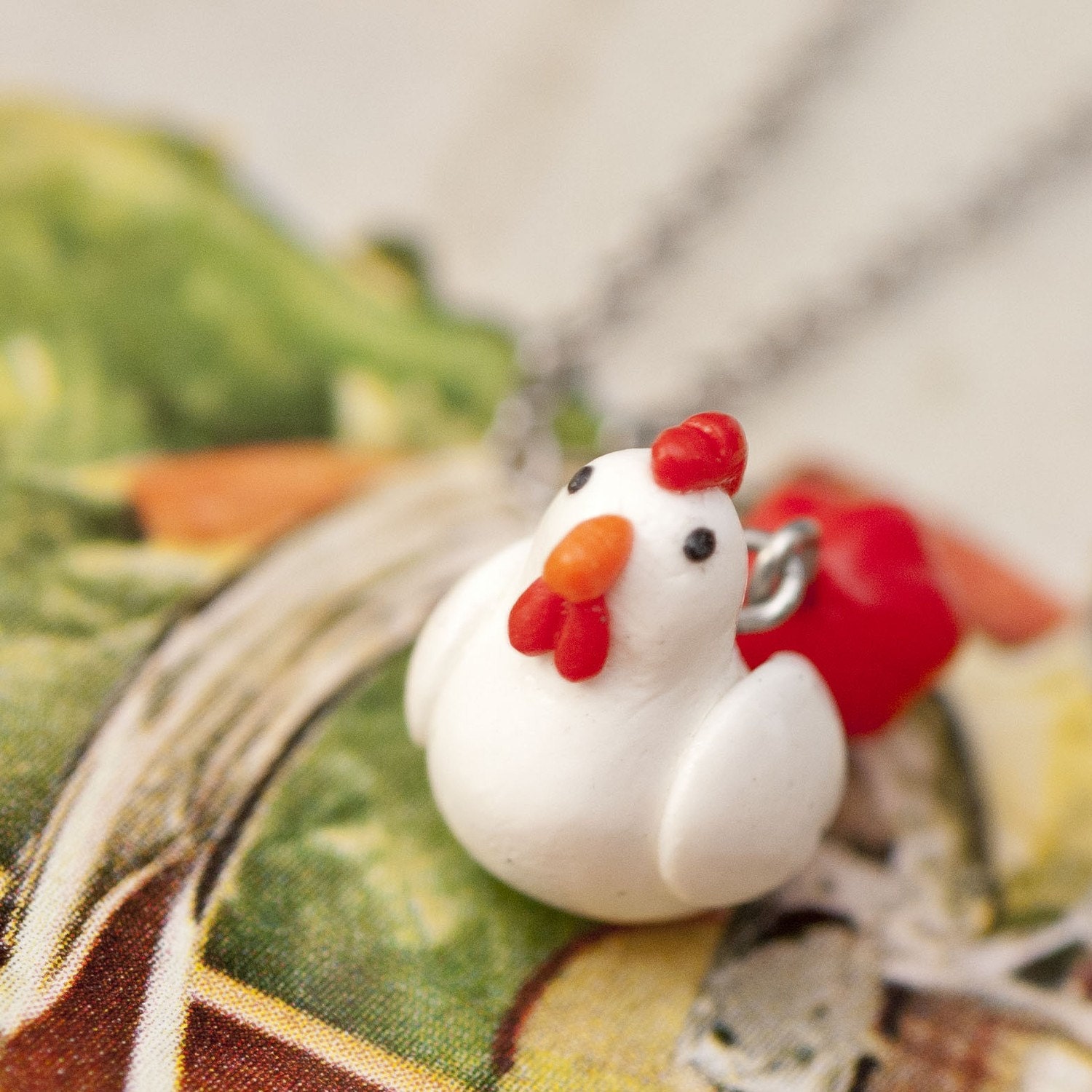 Roscata Free Range Chicken Necklace Pendant Handmade Polymer Clay Food Jewelry