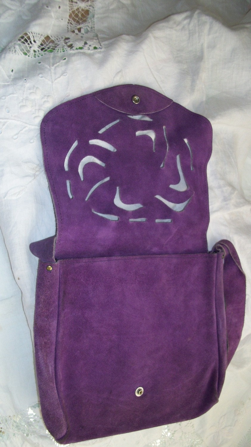 Vintage 1970s Purple Suede Purse with a Lacey Cutout Front Flap Super Cute Hippy Style Reserved for LoveStreetVintage
