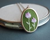 Embroidered Pendant Necklace Double Blossoms on Moss Green Linen