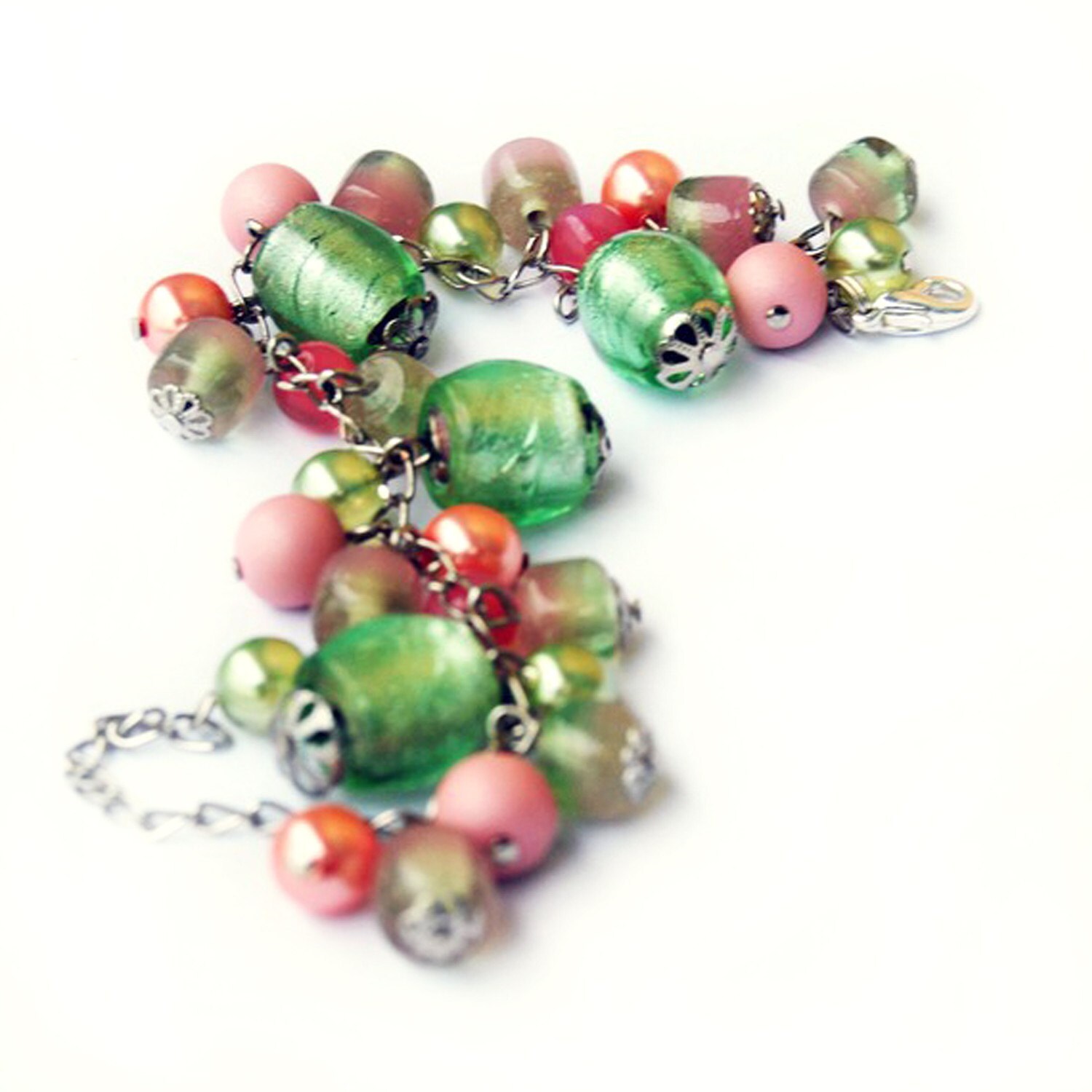 Candy color charms bracelet - rose peach and peridot glass beads