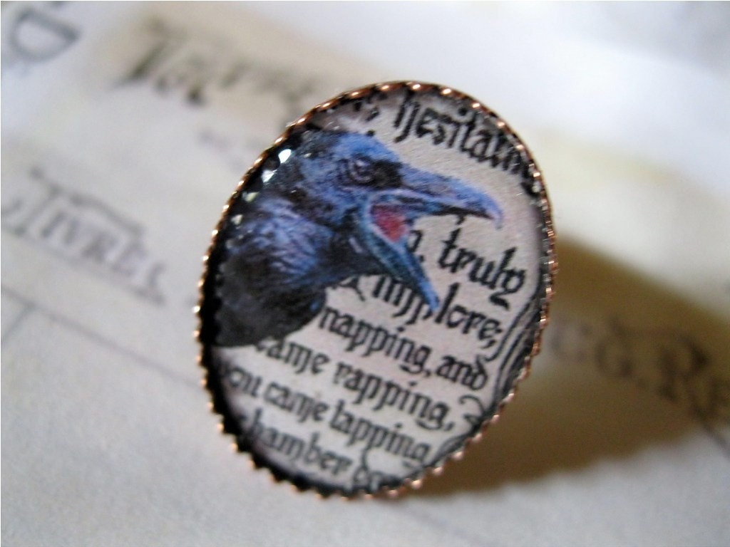 TAP, TAP, TAPPING ring - Image of raven and bits of script from Poe's The Raven