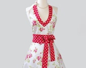 Sexy Halter Hostess Apron / Classy, Flirty and Oh So Beautiful Halter Apron Features Red Rose Bouquets on White from Tanya Whelan