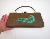 Vintage Brown Clutch with Handpainted Teal Feather