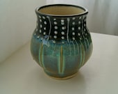 Pottery Cup / Tumbler with Slip Trailing, Blue Green, Black and White