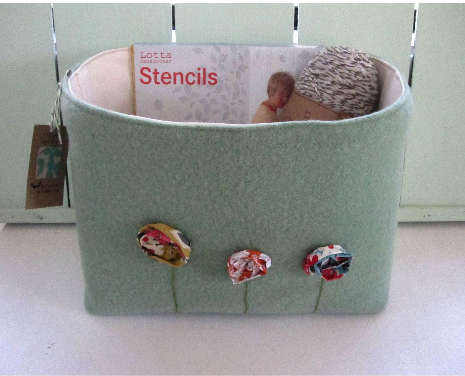 Bohemian Poppies Fabric Bin In Seaglass  Upcycled Wool Fabric  With Flowers Grande