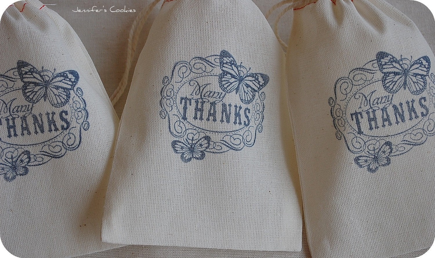 10 Blue Many Thanks with Butterfly Muslin Drawstring Favor Gift Bags 4x6