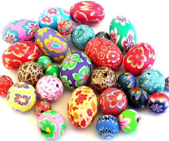 30 Easter egg and roundmulticolor beads, polymer clay mix