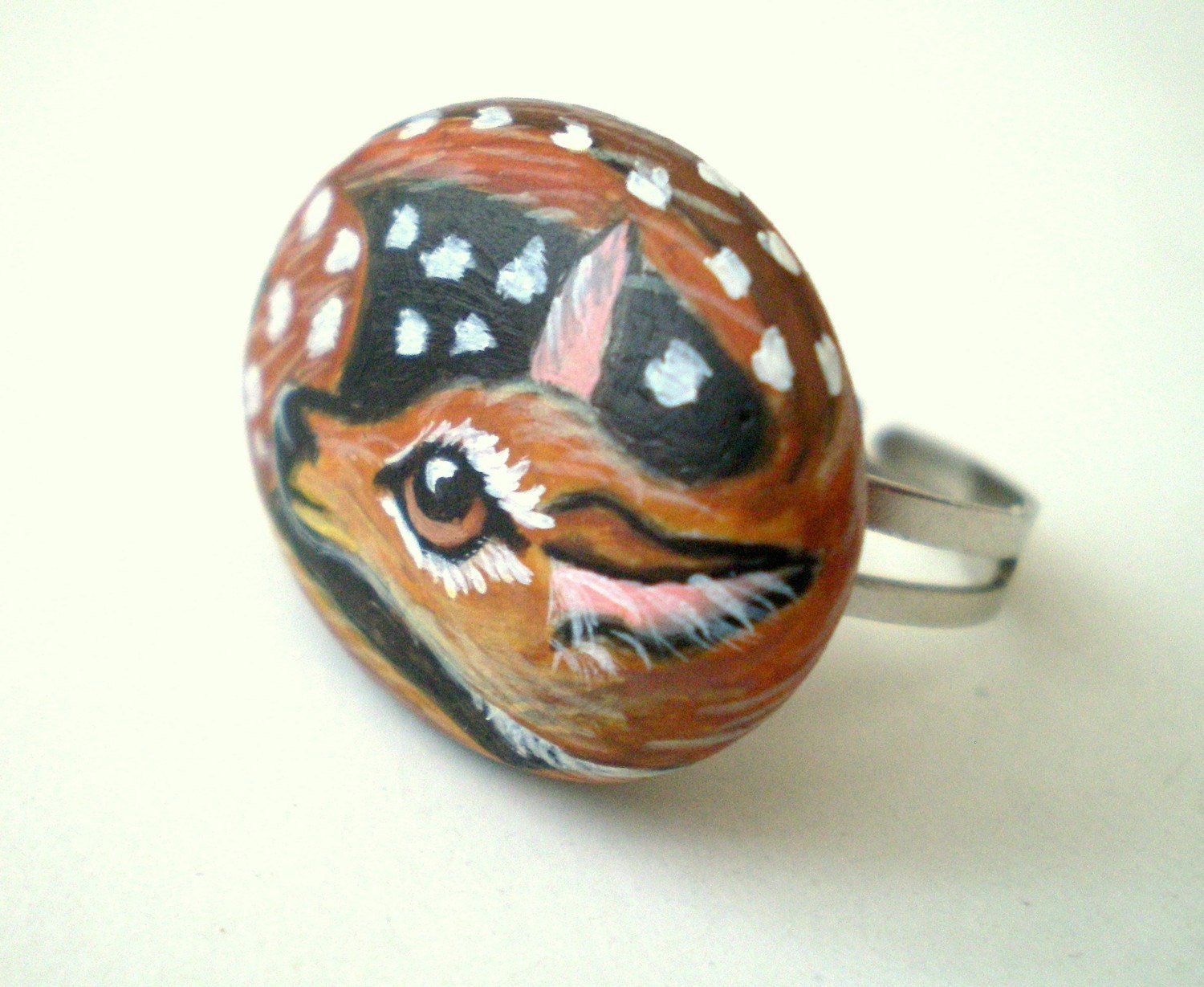 Miniature Fawn Hand Painted Ring- Adjustable, Little  tiny deer from woodland, original painting
