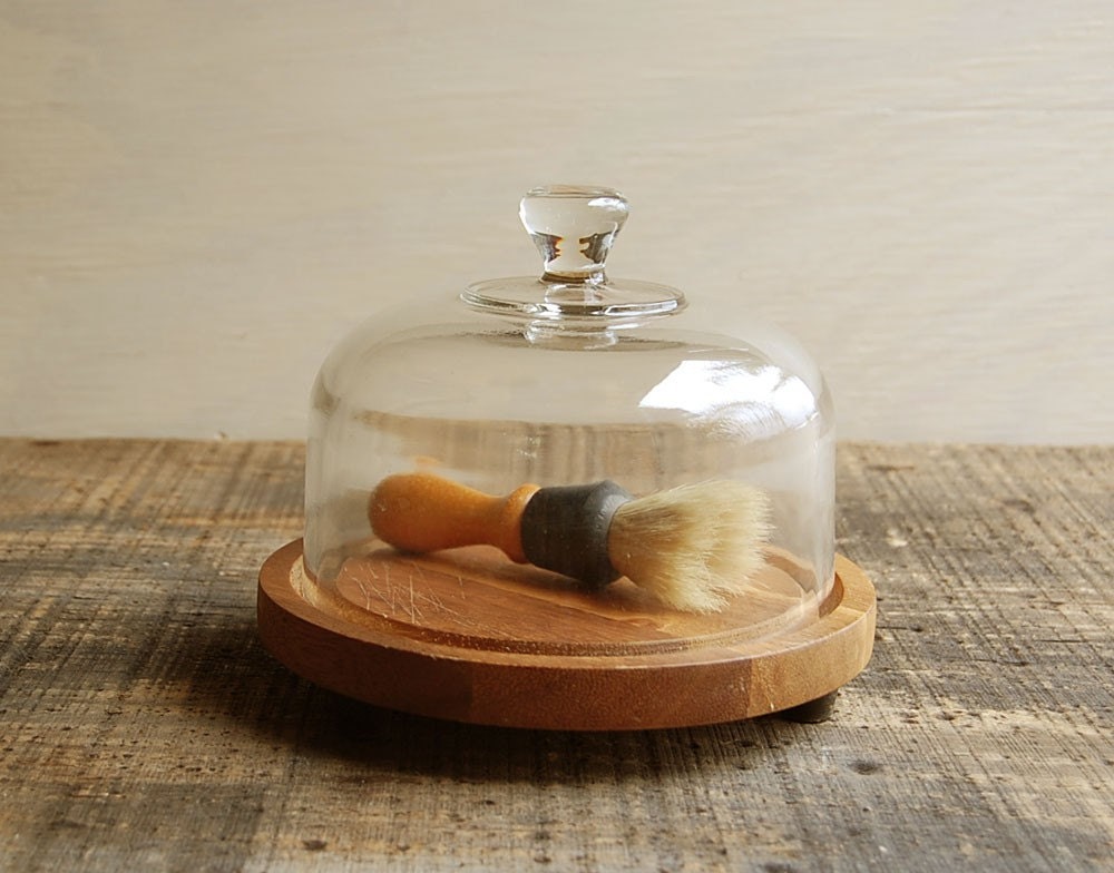 Glass Cloche and Wooden Plate