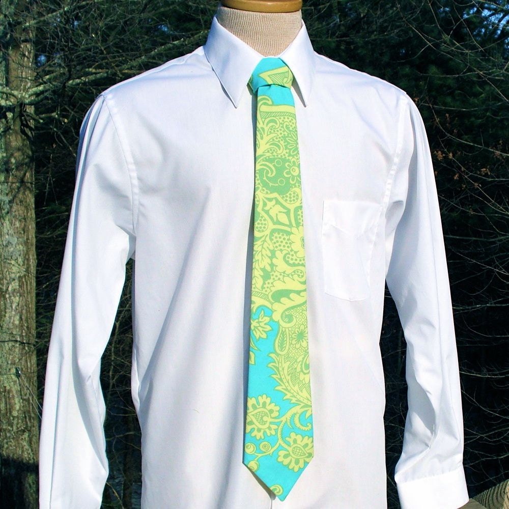 Aqua Blue and Lime Green Damask Tie - IN STOCK