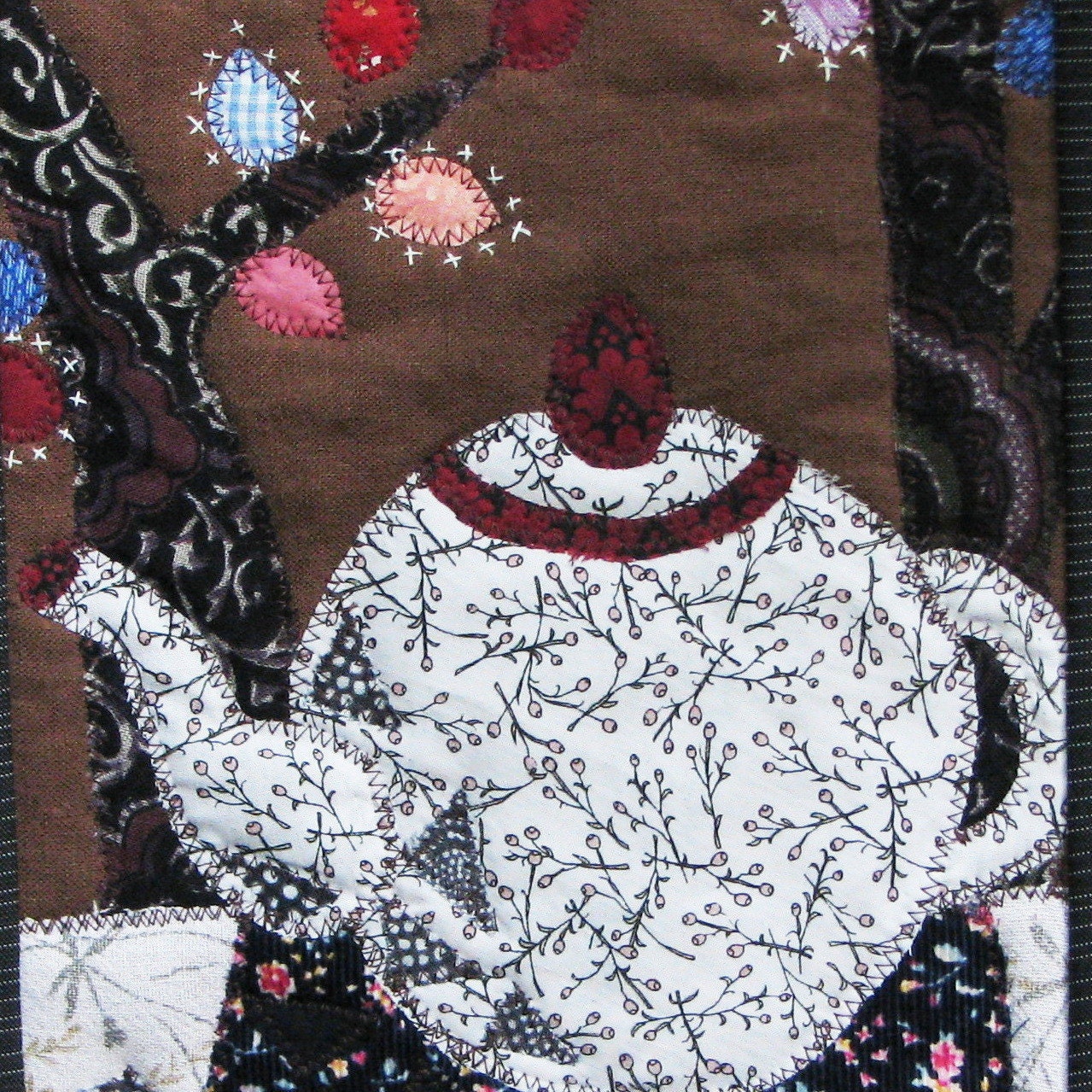 Wall hanging set: Tea in the Country, 3 small art quilts with teapot and teacups, one of a kind eco-friendly collage in recycled fabric