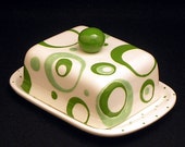 Circle Green and Light Green Knobbed Double Butter Dish