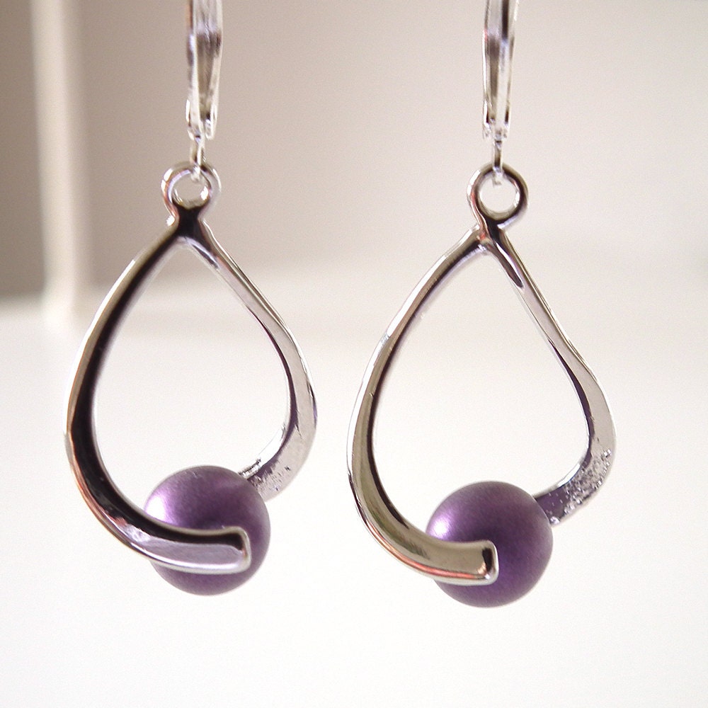 Purple Bead Sleek Modern Silver Plated Earrings