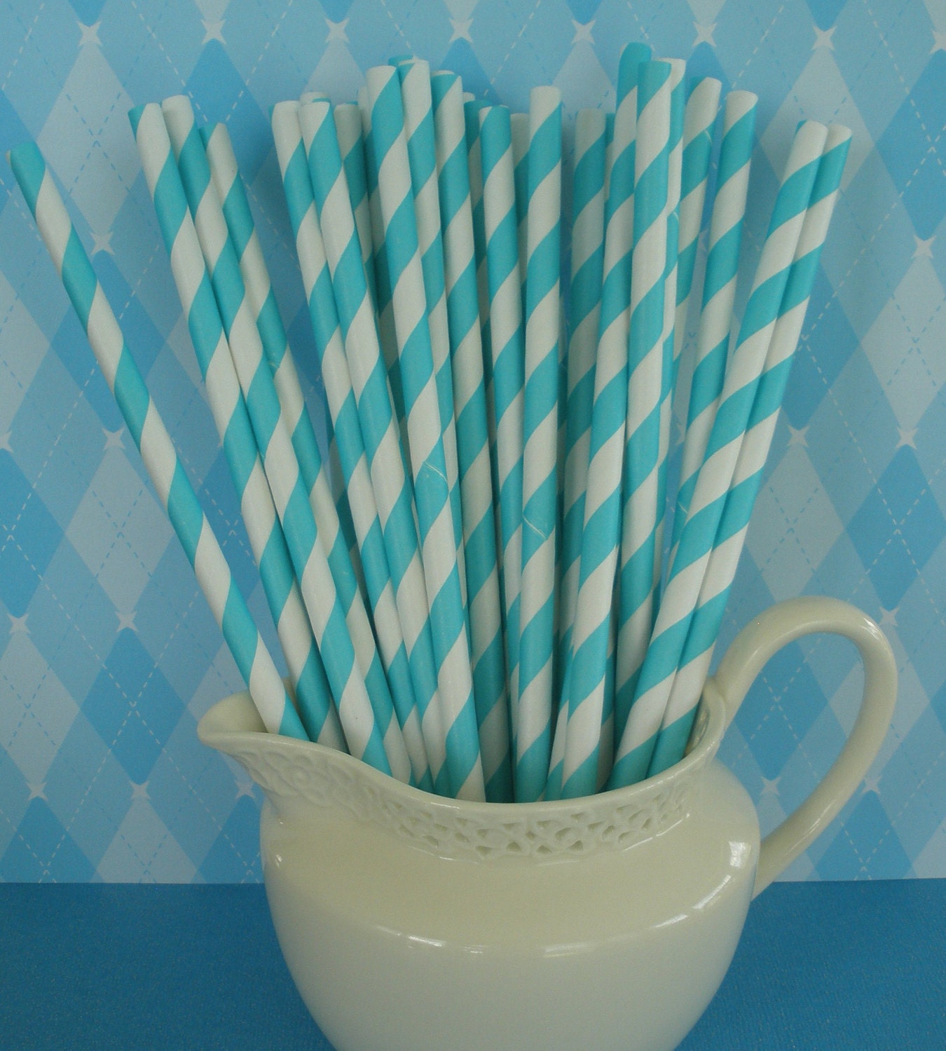 75 Aqua Striped Paper Straws w/ FREE DIY Printable Tags, Retro, Barber Striped