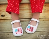 Shoe of the month - June - Red white & blue flag hand painted maryjane shoes for girls - infants - toddlers