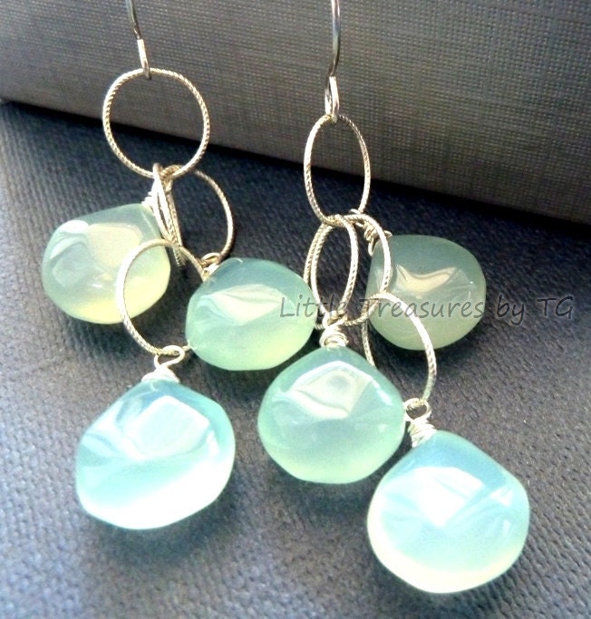 Large aqua Chalcedony dangle earrings on twisted ring chain in sterling silver OR 14k gold filled per request
