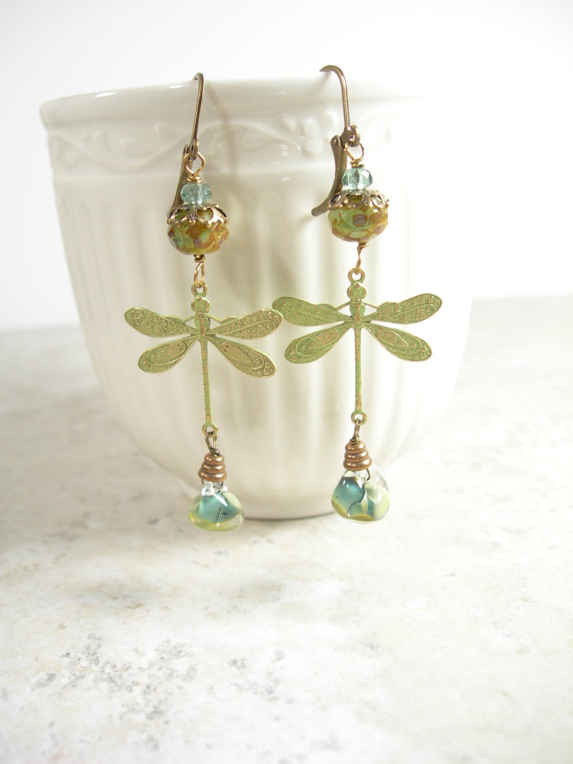 Dragonfly Dream Earrings, patinaed sage gold dragonflies, mossy sage lampwork, and antiqued brass