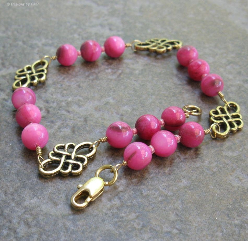 Hot Pink Fuchsia Celtic Scrollwork Antique Gold Anklet, MOP - Mother of Pearl & Glass
