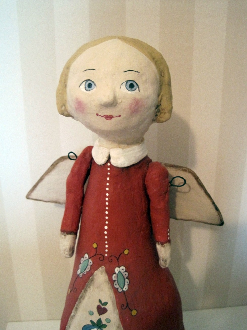 Guardian Angel- art doll- papier mache - OOAK doll- handmade art doll- red- folk art