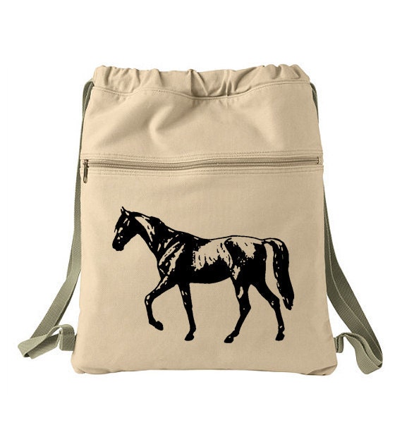 Canvas Drawstring Backpack - Beautiful Horse  - Khaki Tan Back Pack