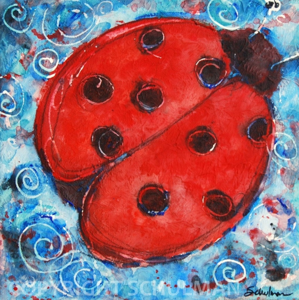 Lady Bug, Ladybug Art, Modern Abstract Contemporary Watercolor Painting art "First Lady Bug" 12x12 in patriotic red, white and blue
