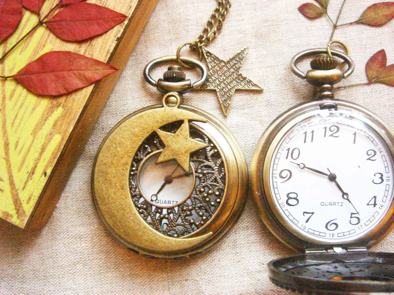 Antique Moon and Star charm Pocket Watch Necklace