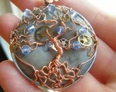 Tree of Life Pendant - Steampunk - Light Blue Sapphire Swarovski Crystals with Watch Gears
