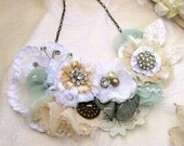 White and Cream Flower Bib Statement Necklace - Vintage Rhinestones