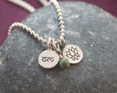 Tri. Cluster of three. Hand stamped sterling silver Om disc, lotus charm with a turquoise gemstone