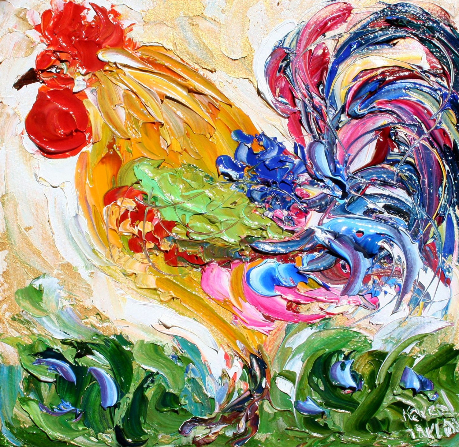 Original oil painting Rooster Barnyard art by Karen Tarlton impasto impressionism palette knife