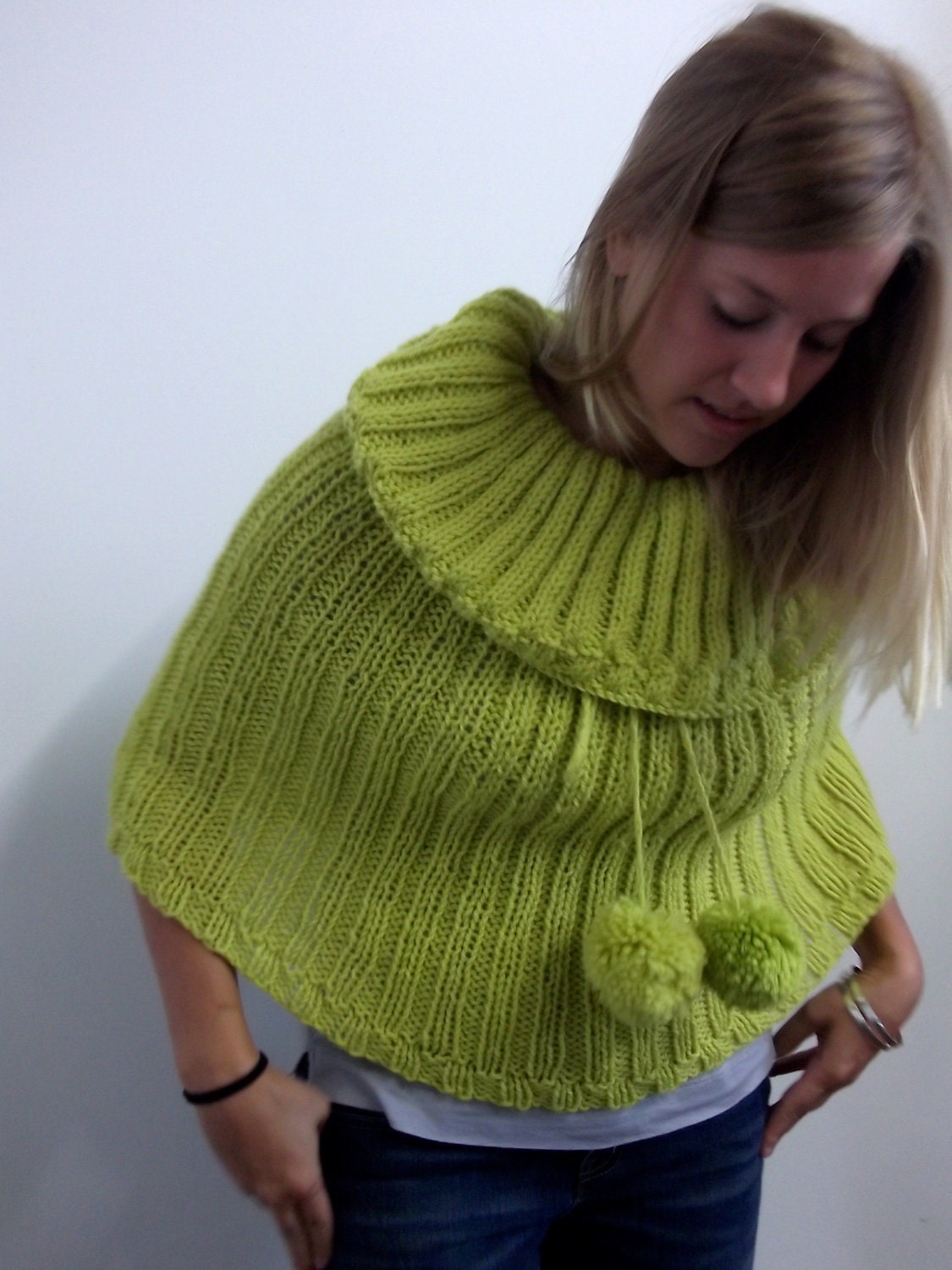Lime green wool hand knit capelet with cowl neck