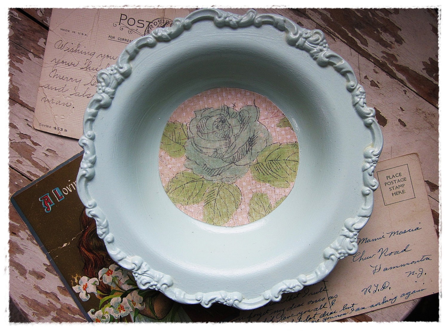A Pale Blue and Vintage Rose Trinket Tray