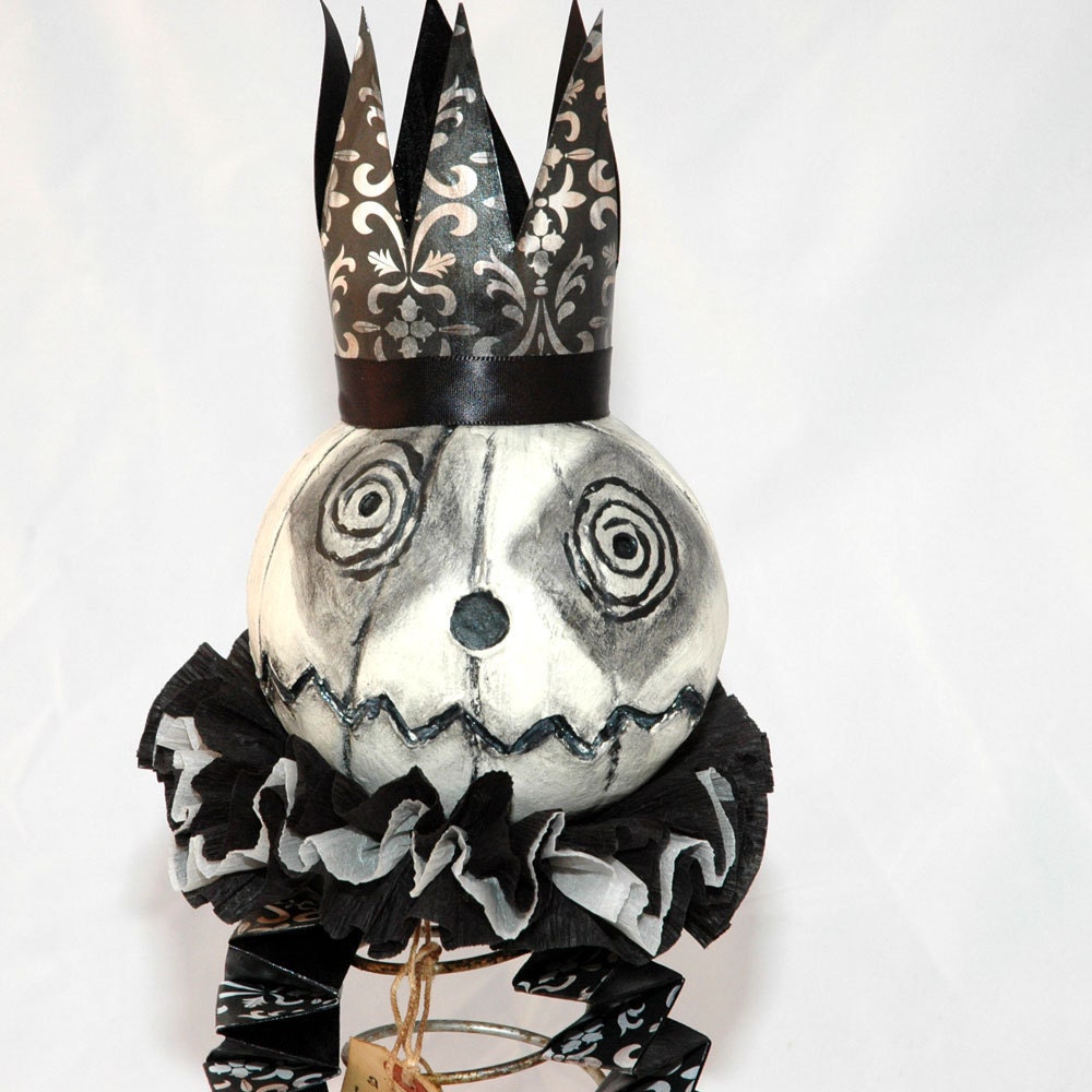 Pumpkin King Halloween Jack in the Box Nodder Jester Make Do Folk Art Assemblage Black White Shabby